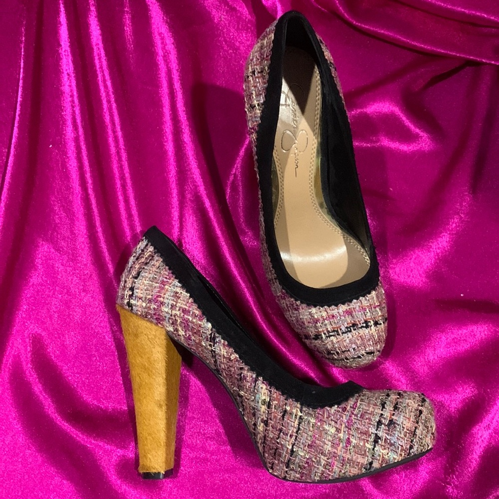 Jessica Simpson 5 inch heel real pony for unique fabric heels. Like new …